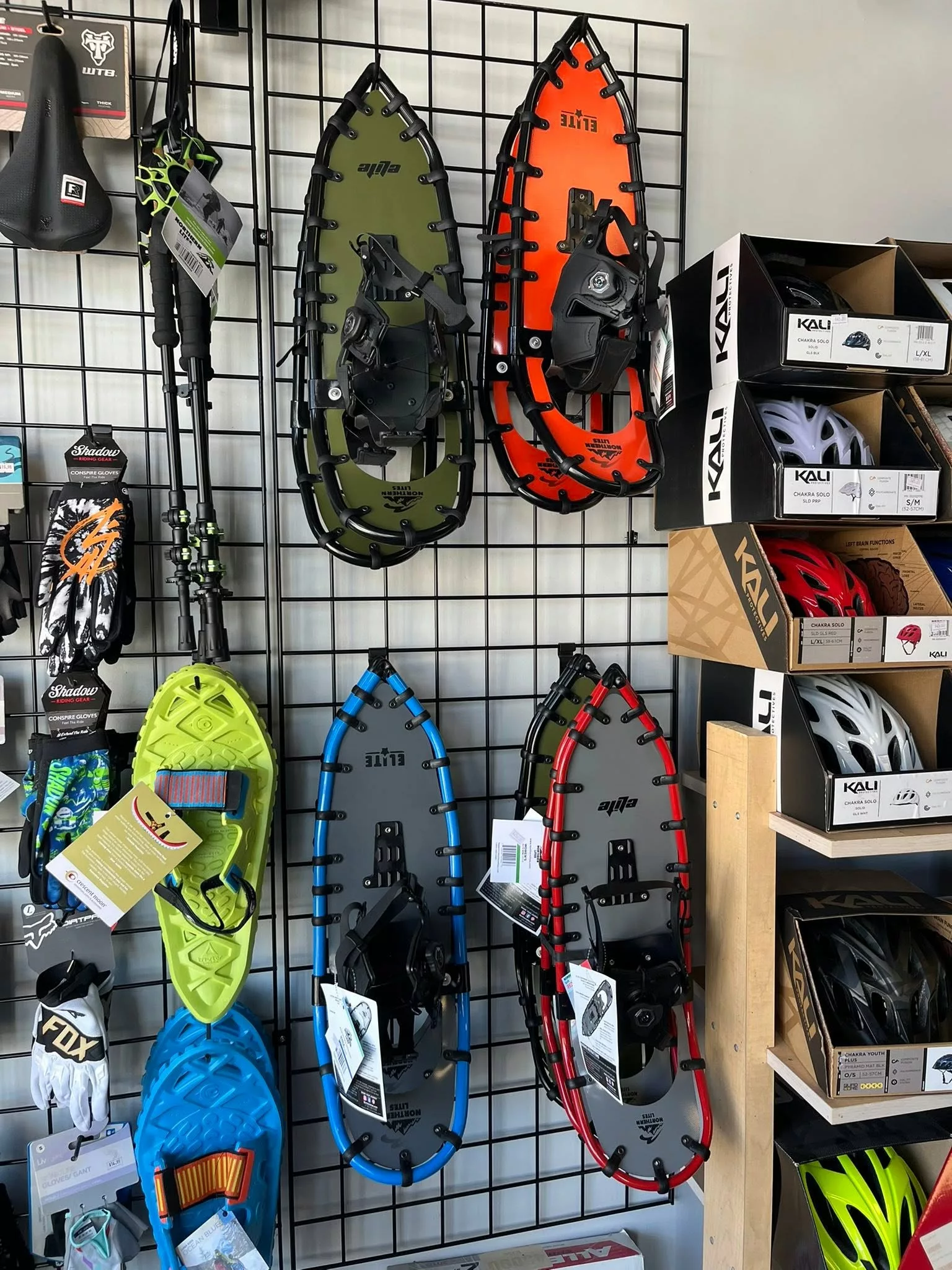 Bike Accessories in Iron River Michigan - Northern Lites Snow Shoes, Kali Bike Helmets, bike gloves, bike saddles, walking sticks.