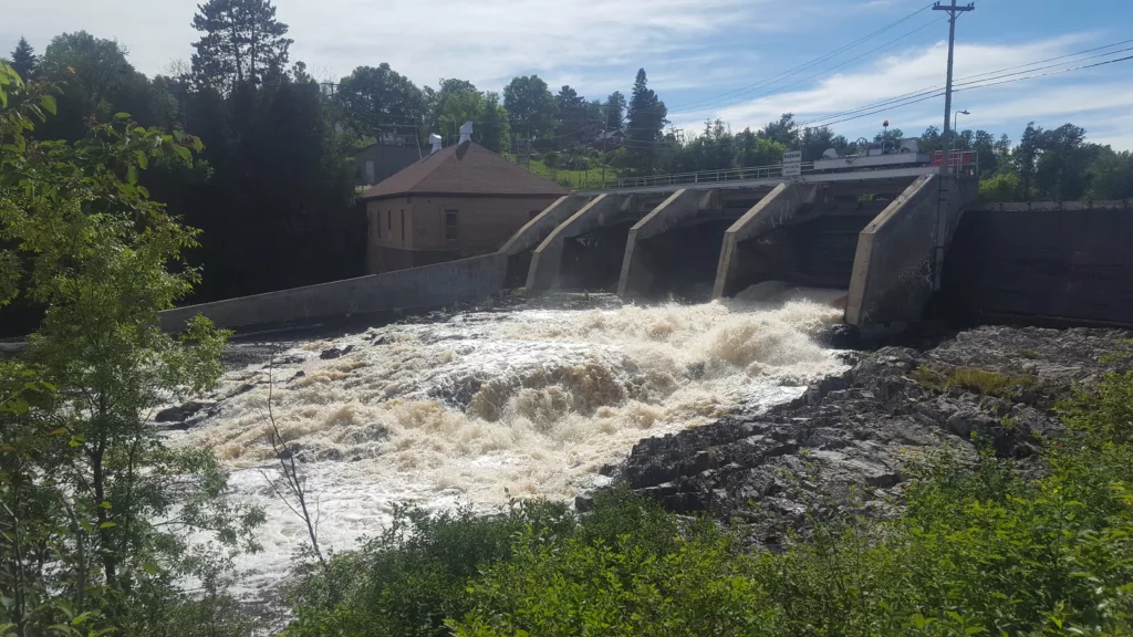 View of the Dam and Power Plant at Crystal Falls on the Paint River. located on Rock Crusher Road and Fairbanks Road.
