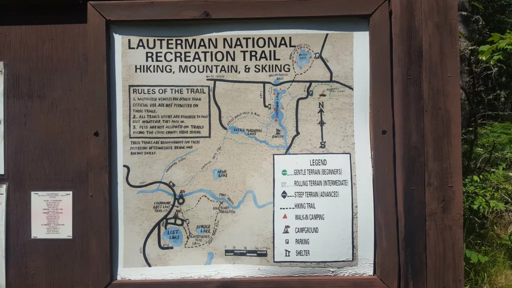 Lauterman National Recreation Area in the Chequamegon-Nicolet National Forest located in Wisconsin near Florence on HWY 70. Goes from Lost Lake at Chipmunk Falls on the Pine River to Lauterman Lake. Multiple routes beautiful rolling terrain in the woods. Can be extended to Perch Lake Loop.
