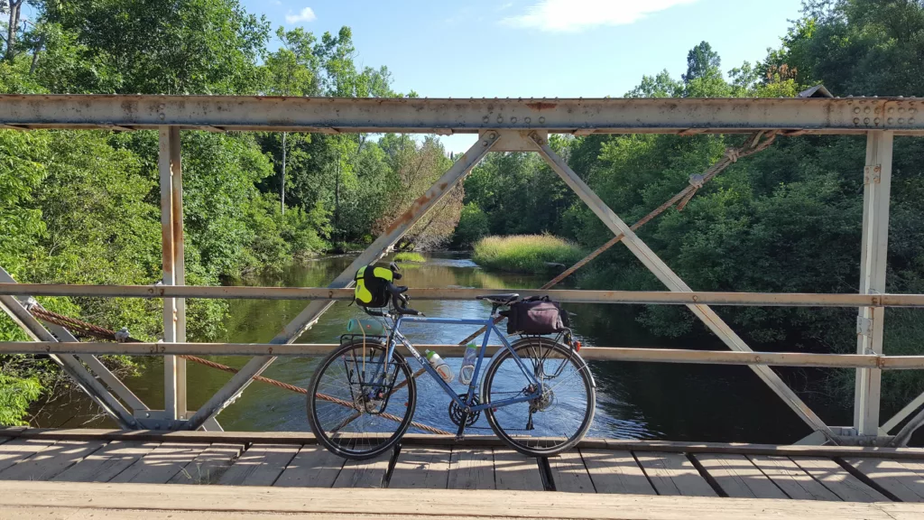 Bridge crosses the Brule river into Wisconsin from Michigan on Pentoga Road at old Pentoga Village.
