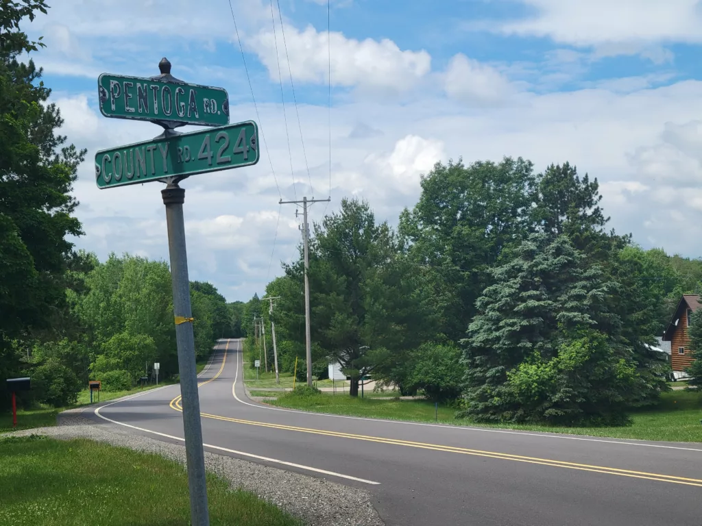 Pentoga Road takes you down to the Old Pentoga town growth driven by lumber mill on the Brule river. Just across from Indian Lake in Iron County Michigan.
