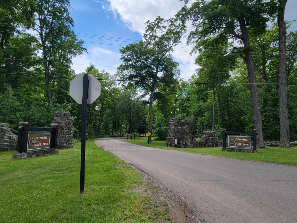 The Entrance to BEWABIC State Park off US2 near Crystal Falls on Fortune Lakes.