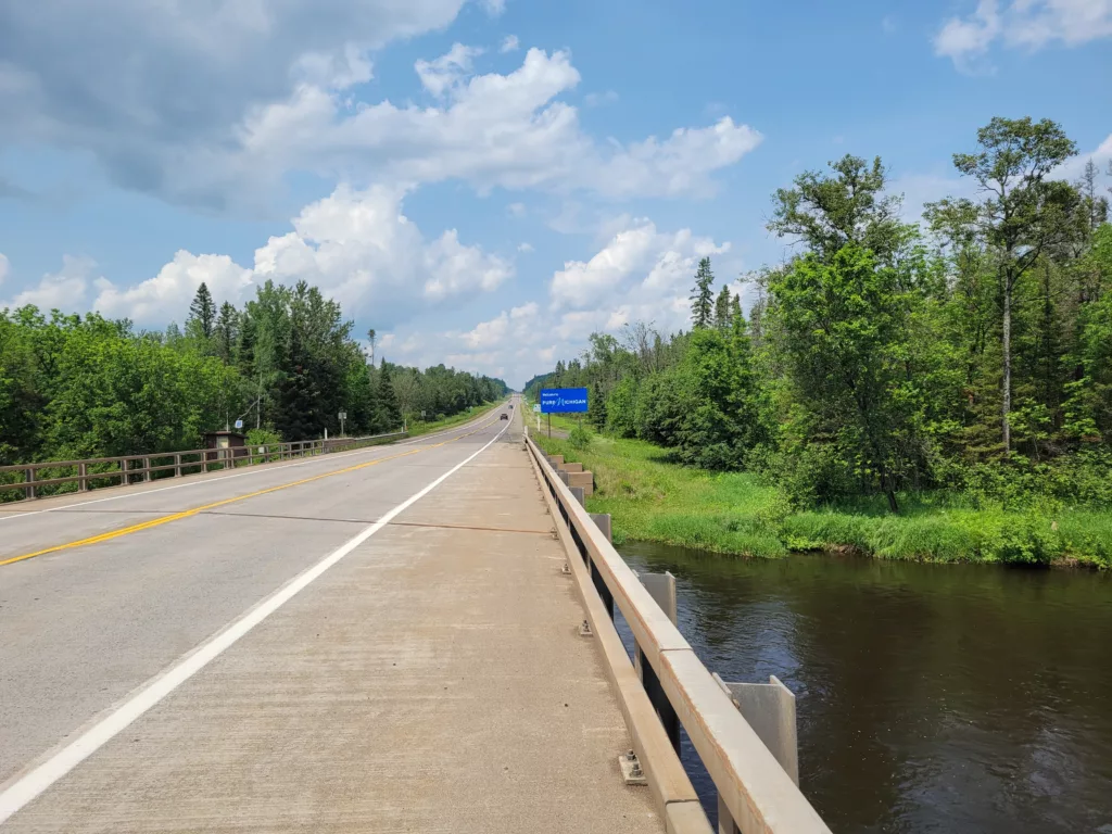 Brule River Crossings on US 2 can launch river boat here and takeout below at the Brule River Landing accessed north of Florence WI on Brule Landing Road.