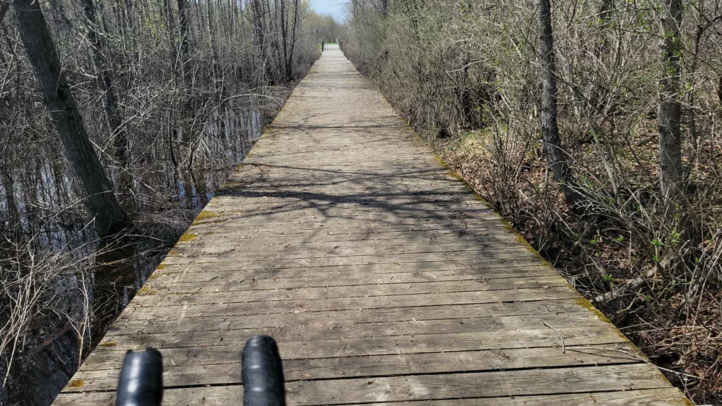 Lots of wood boardwalk sections on the Apple Blossom Trail between Caspian and Iron River Michigan. Warning to be careful when its wet, will get slippery.