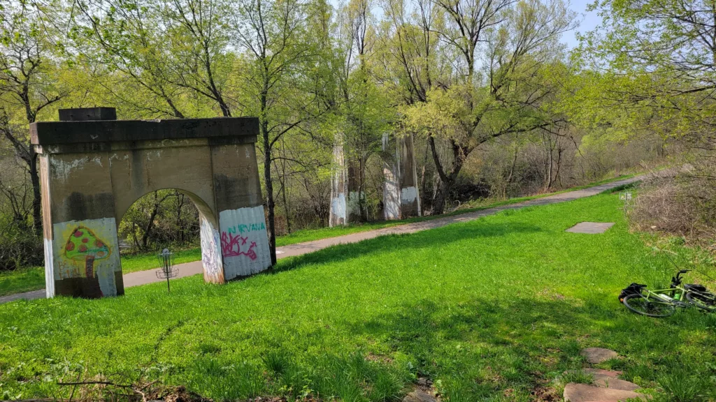 In Iron River on the Apple Blossom Bike Trail is the Free Tailing Disk Golf in the old ruins. There is a ATV trail parallel but separate than this bike path. Between Caspian and Iron River.