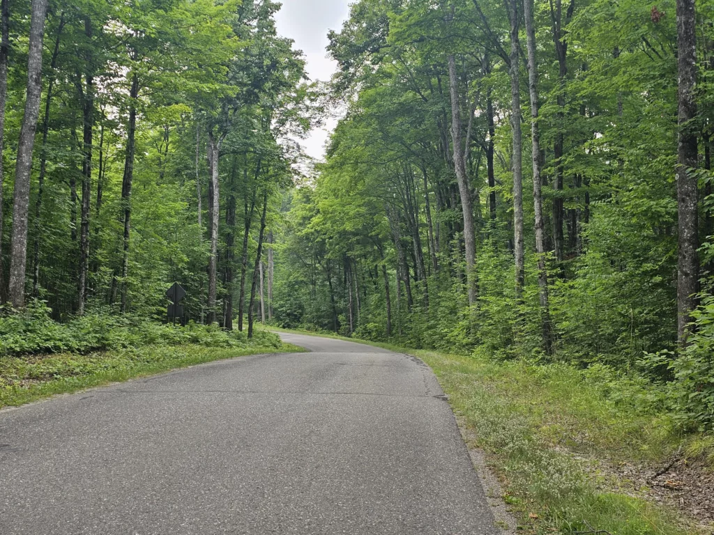 Cycling the hills on Lake Ottawa Road in the Ottawa National Forest from Iron River Michigan.